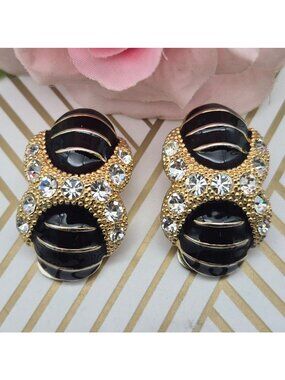 Vintage Clip On Earrings Gold Tone, Crystal & Black Enamel Large Statement Fancy